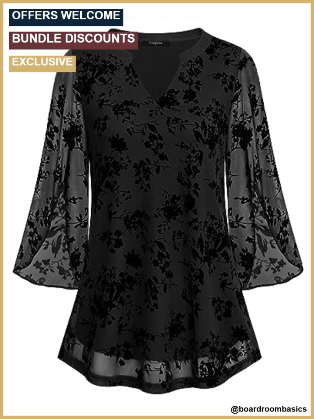 Womens 3/4 Ruffle Sleeve Floral Tunic Top V Neck Double Layer Mesh Blouse